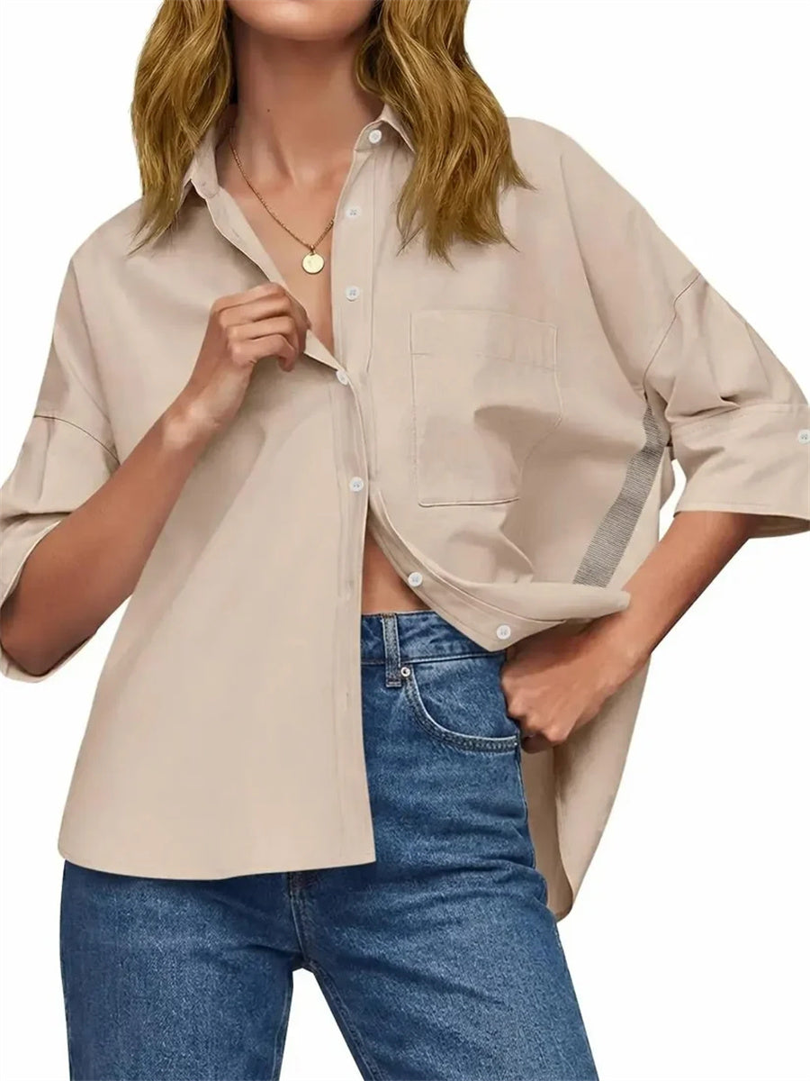 Women's Oversized Contrast Stripe 3/4 Sleeve Collar Shirt