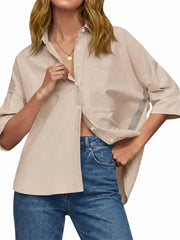 Women's Oversized Contrast Stripe 3/4 Sleeve Collar Shirt