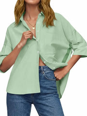 Women's Oversized Contrast Stripe 3/4 Sleeve Collar Shirt