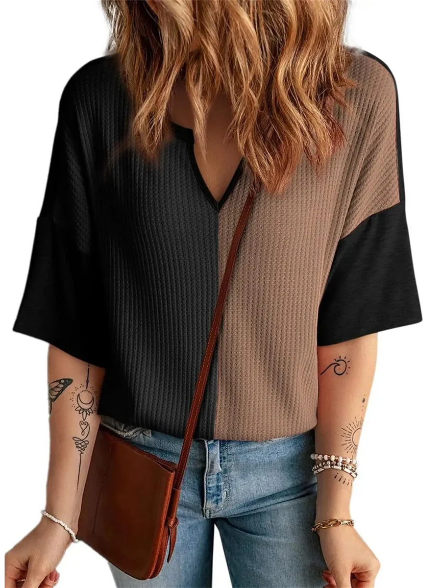 Women's Color Block Waffle Knit V Neck Half Sleeve Top