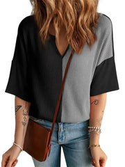 Women's Color Block Waffle Knit V Neck Half Sleeve Top