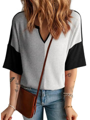 Women's Color Block Waffle Knit V Neck Half Sleeve Top