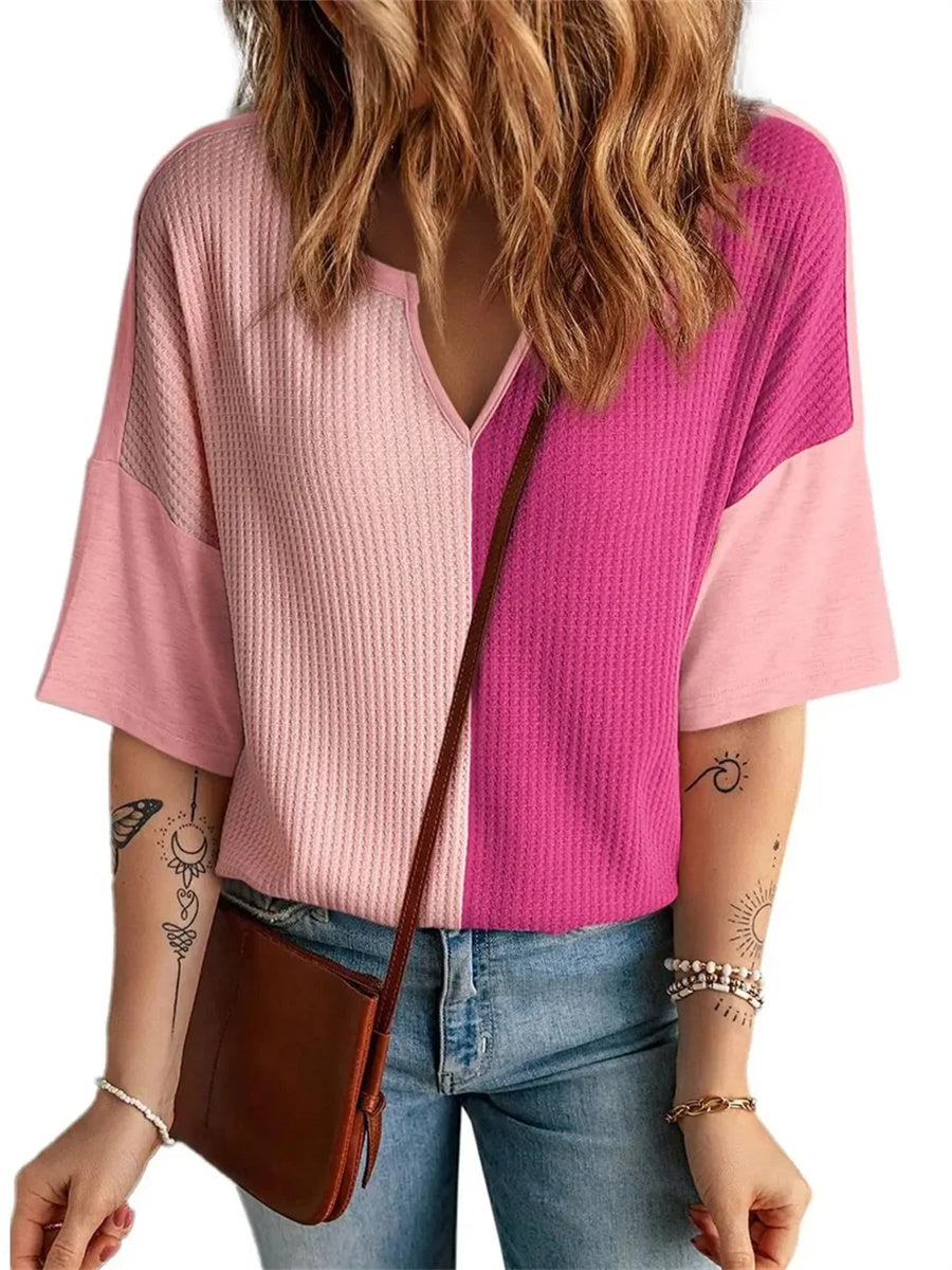 Women's Color Block Waffle Knit V Neck Half Sleeve Top