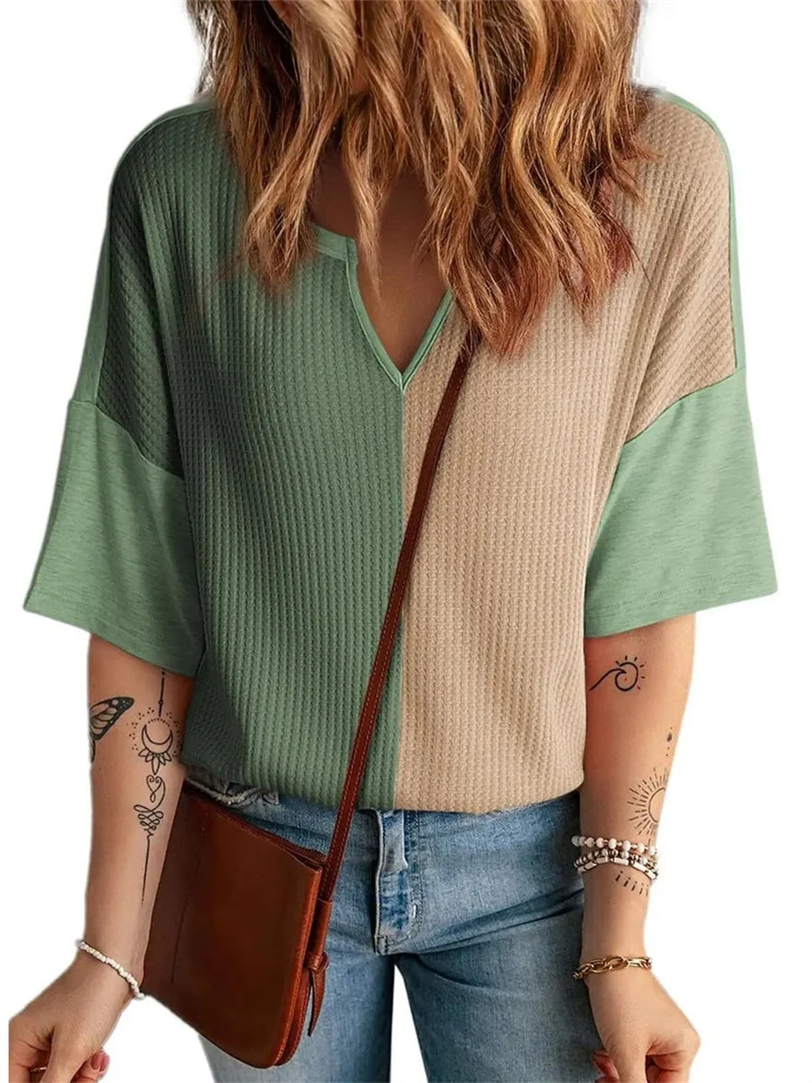 Women's Color Block Waffle Knit V Neck Half Sleeve Top
