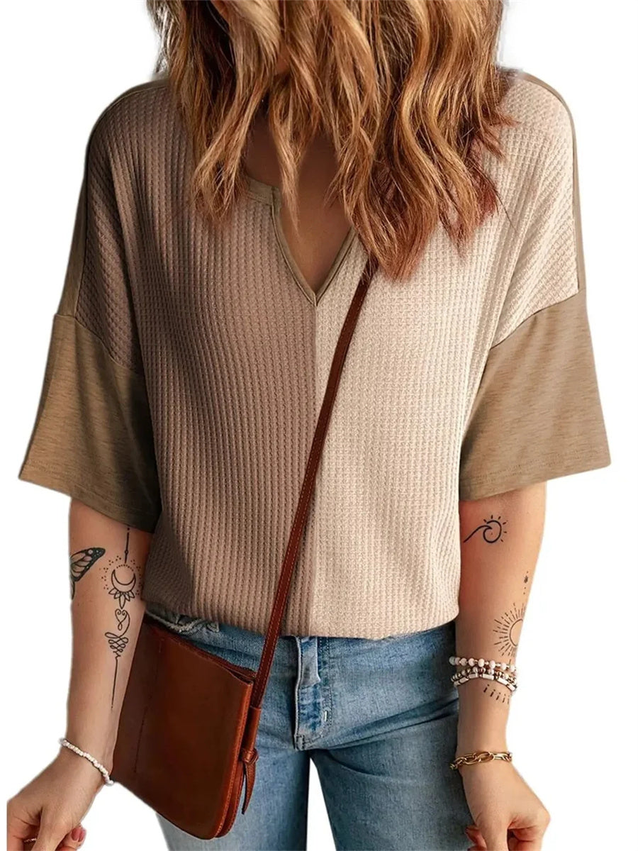 Women's Color Block Waffle Knit V Neck Half Sleeve Top