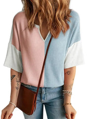 Women's Color Block Waffle Knit V Neck Half Sleeve Top