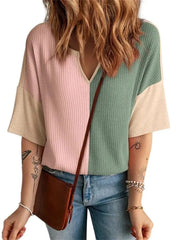 Women's Color Block Waffle Knit V Neck Half Sleeve Top