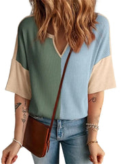 Women's Color Block Waffle Knit V Neck Half Sleeve Top