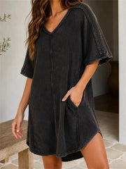Women's Vintage Wash Ribbed Casual Half Sleeve Mini Dress