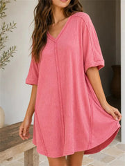 Women's Vintage Wash Ribbed Casual Half Sleeve Mini Dress