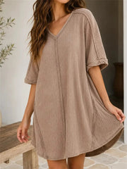 Women's Vintage Wash Ribbed Casual Half Sleeve Mini Dress