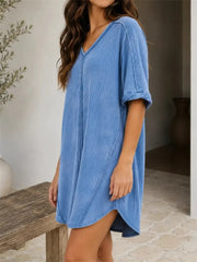 Women's Vintage Wash Ribbed Casual Half Sleeve Mini Dress