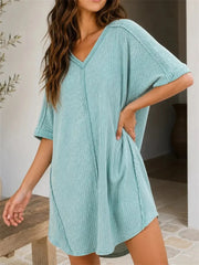 Women's Vintage Wash Ribbed Casual Half Sleeve Mini Dress