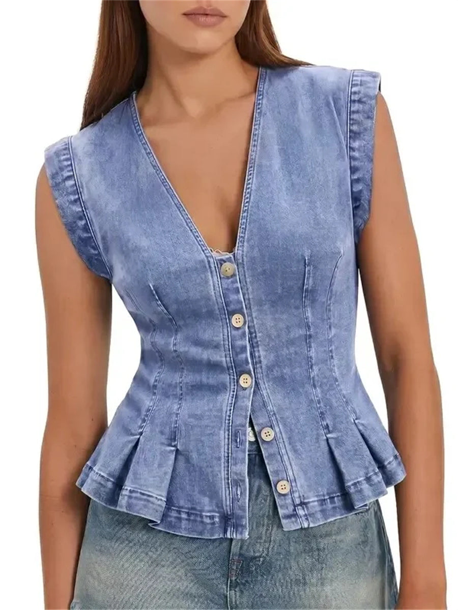 Women's V Neck Fitted Pleated Denim Vest