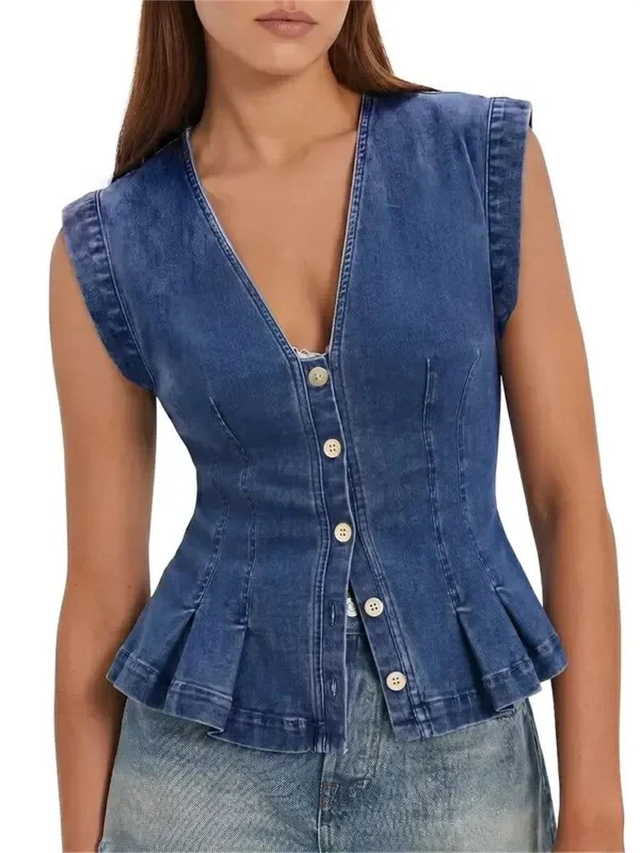 Women's V Neck Fitted Pleated Denim Vest