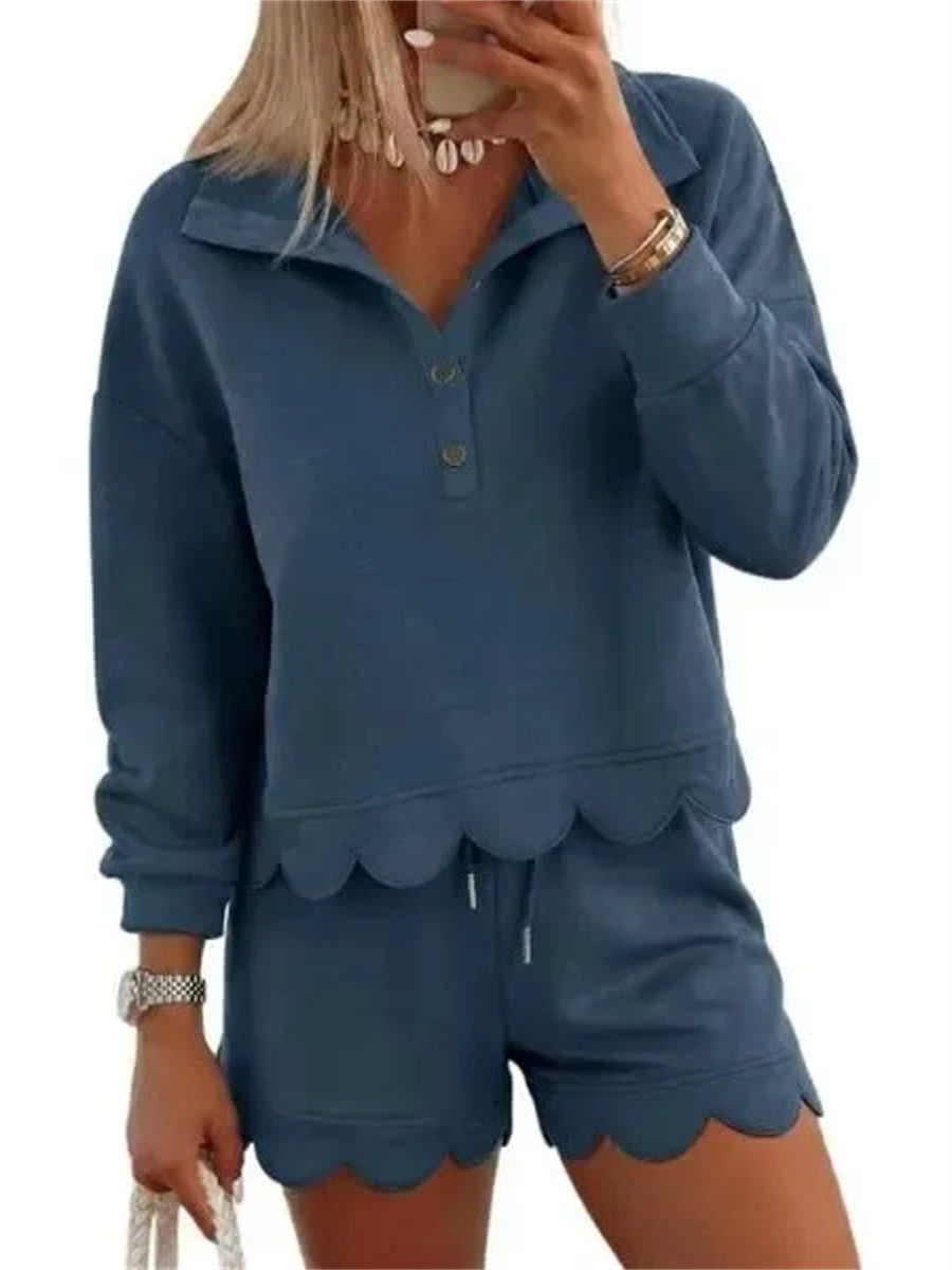 Women's Scallop Hem Half Zip Long Sleeve Sweatshirt Shorts Set