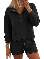 Women's Scallop Hem Half Zip Long Sleeve Sweatshirt Shorts Set