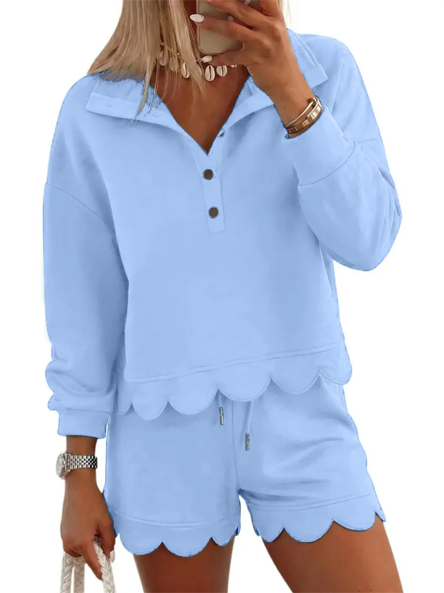 Women's Scallop Hem Half Zip Long Sleeve Sweatshirt Shorts Set