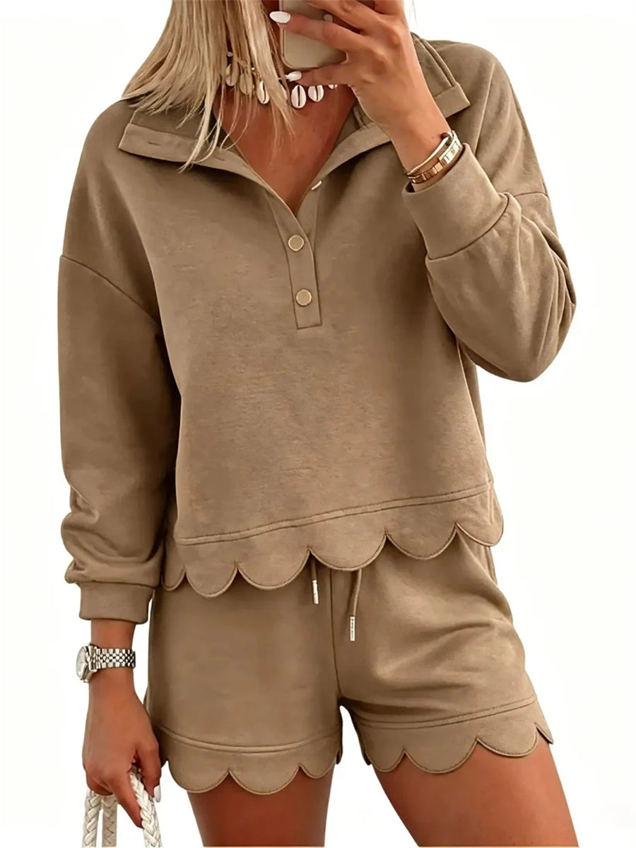 Women's Scallop Hem Half Zip Long Sleeve Sweatshirt Shorts Set