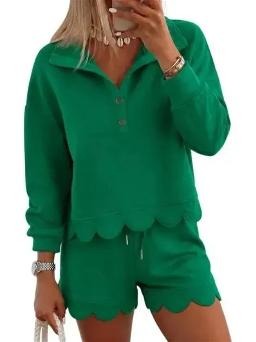Women's Scallop Hem Half Zip Long Sleeve Sweatshirt Shorts Set