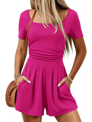 Women's Square Neck Ruched Short Sleeve Romper