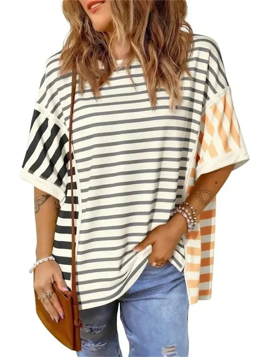 Women's Color Block Mixed Stripe Loose T Shirt