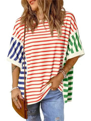 Women's Color Block Mixed Stripe Loose T Shirt
