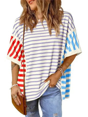 Women's Color Block Mixed Stripe Loose T Shirt