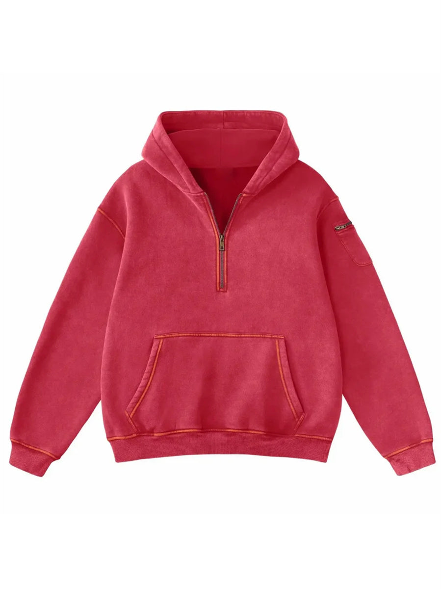 Women's Vintage Half Zip Long Sleeve Pocket Hoodie