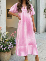 Women's Stripe Puff Sleeves Shift Maxi Dress