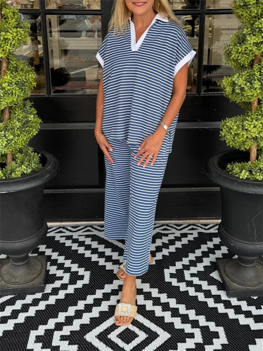 Women's Stripe Polo Loungewear Set