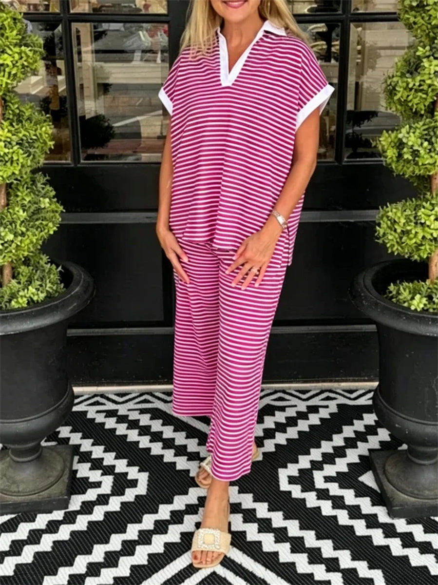 Women's Stripe Polo Loungewear Set