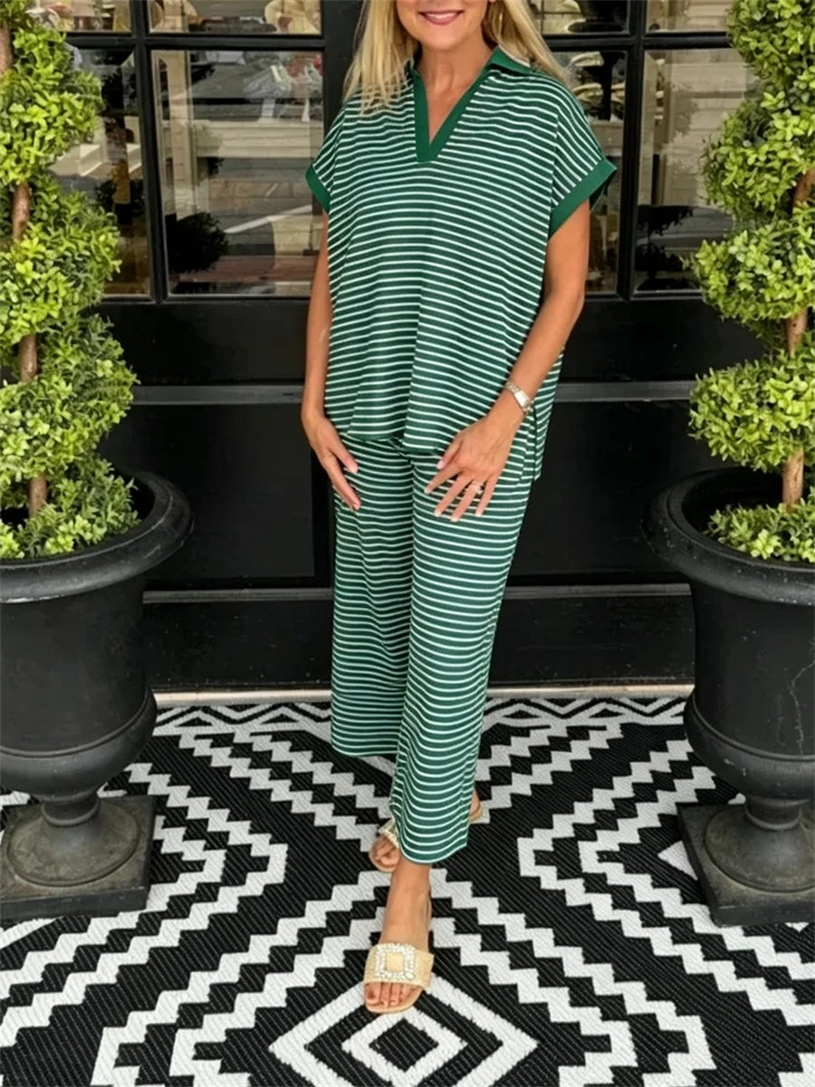 Women's Stripe Polo Loungewear Set