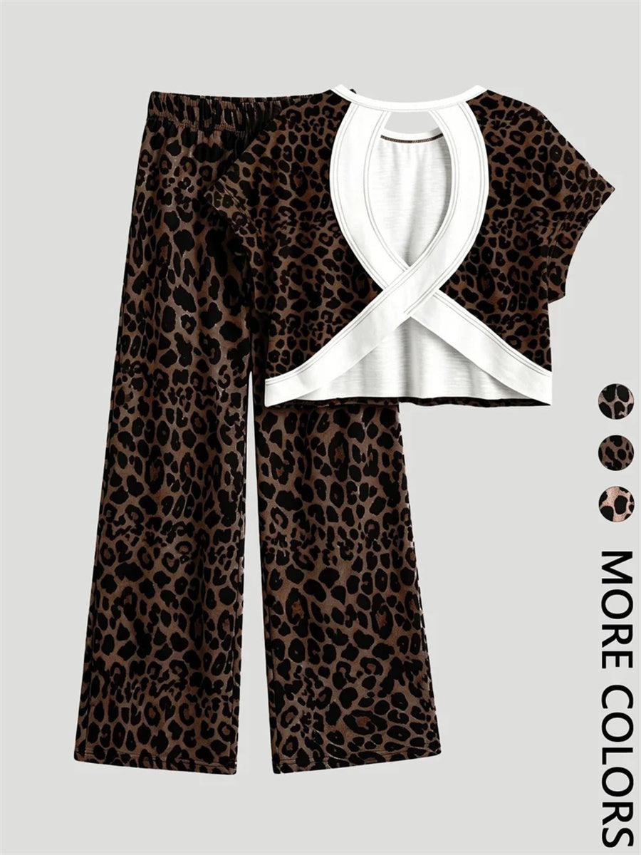 Women's Back Cutout Leopard Casual Outfit Set