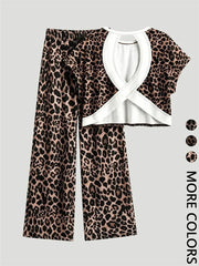 Women's Back Cutout Leopard Casual Outfit Set