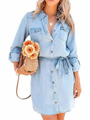 Women's Long Sleeve Collared Button Front Denim Shirt Mini Dress