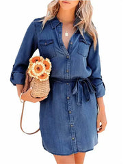 Women's Long Sleeve Collared Button Front Denim Shirt Mini Dress