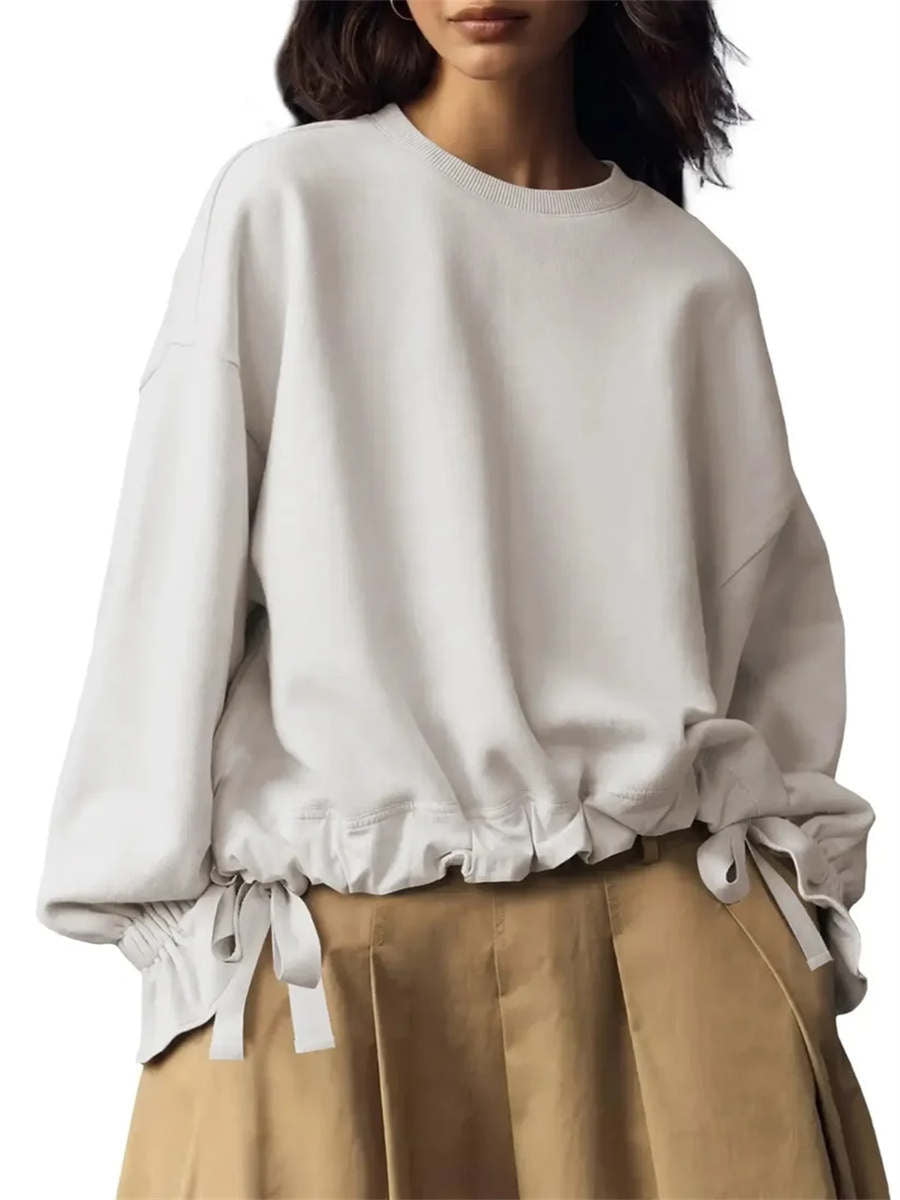 Women's Round Neck Drawstring Hem Casual Sweatshirt