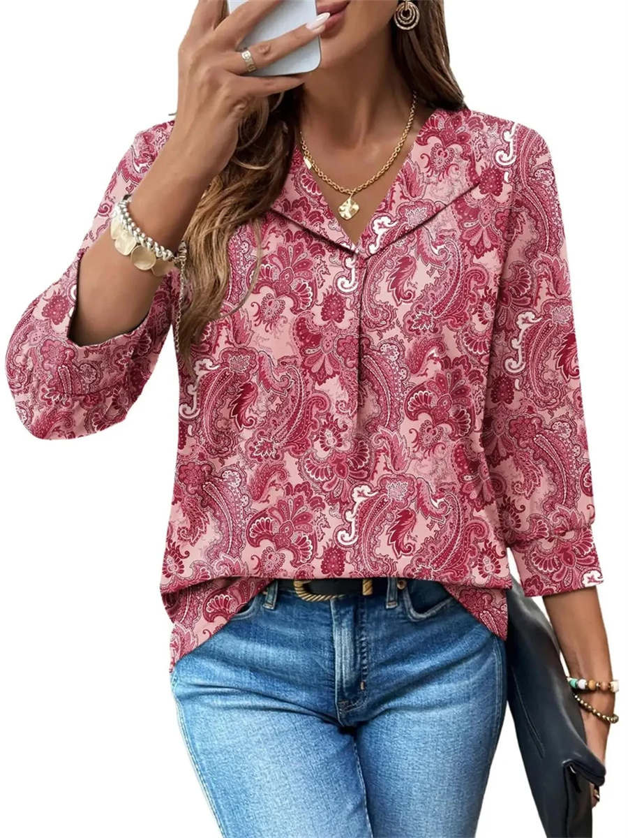 Women's Summer Loose 3/4 Sleeve Printed Dressy Blouse
