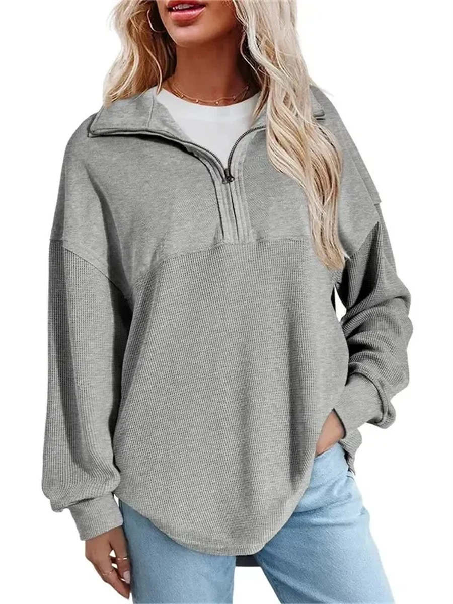 Women's Long Sleeve Half Zip Waffle Knit Pullover Top