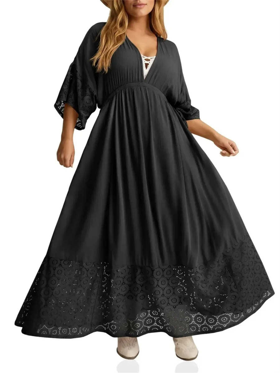 Women's Boho Tie Back Lace V-neck Maxi Dress