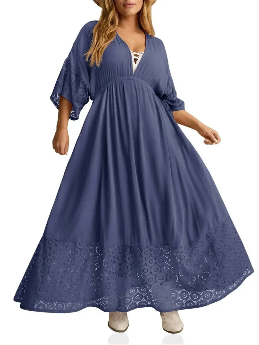Women's Boho Tie Back Lace V-neck Maxi Dress