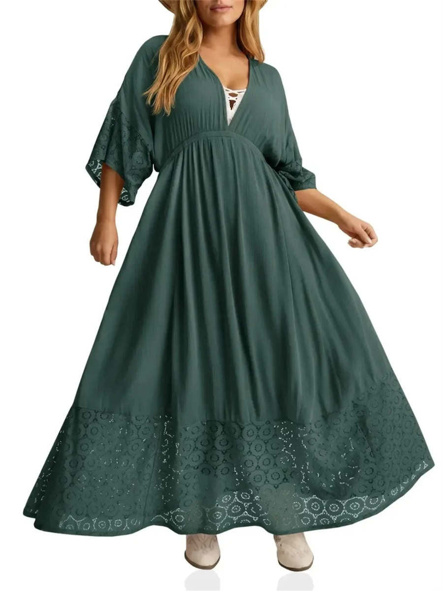 Women's Boho Tie Back Lace V-neck Maxi Dress