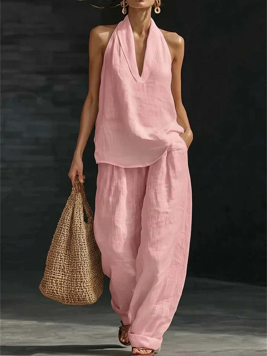 Women's Sleeveless Deep V Neck Halter Top & Wide Leg Pants Set