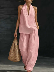 Women's Sleeveless Deep V Neck Halter Top & Wide Leg Pants Set