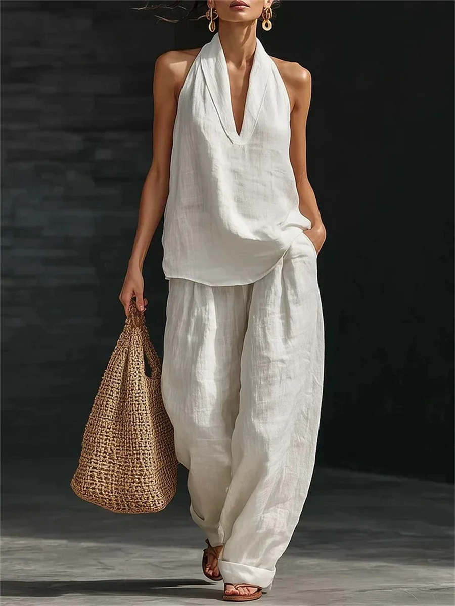 Women's Sleeveless Deep V Neck Halter Top & Wide Leg Pants Set