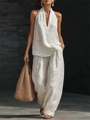 Women's Sleeveless Deep V Neck Halter Top & Wide Leg Pants Set