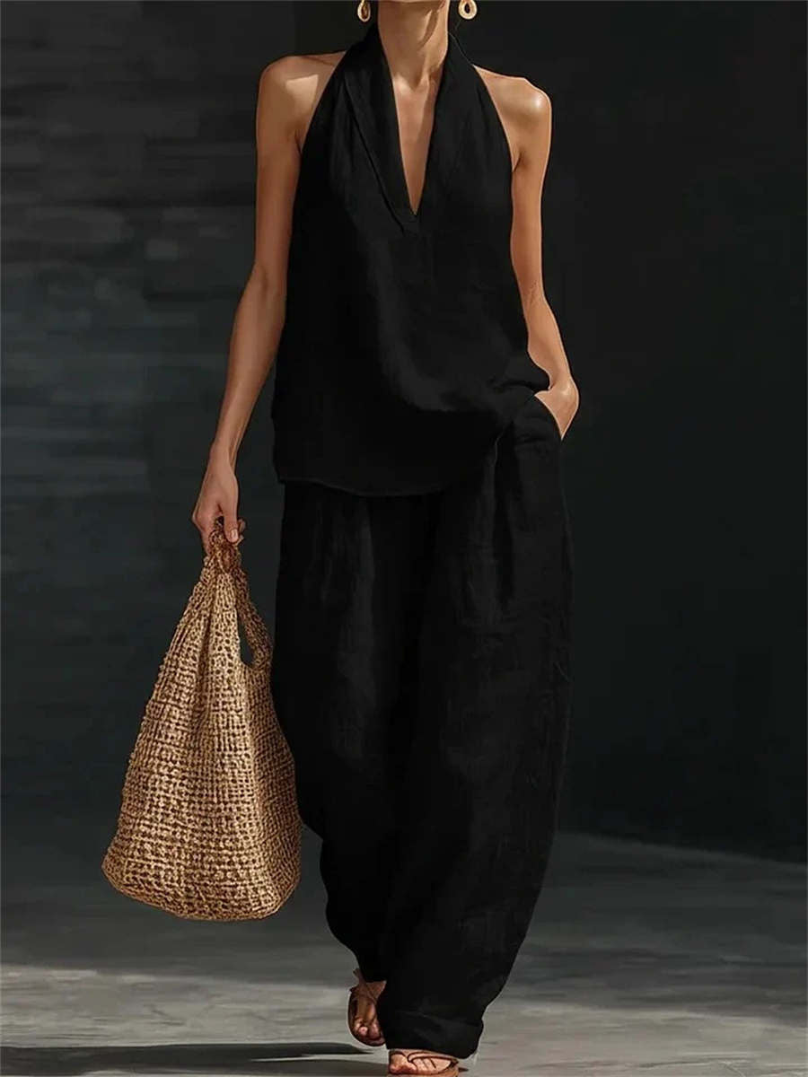 Women's Sleeveless Deep V Neck Halter Top & Wide Leg Pants Set