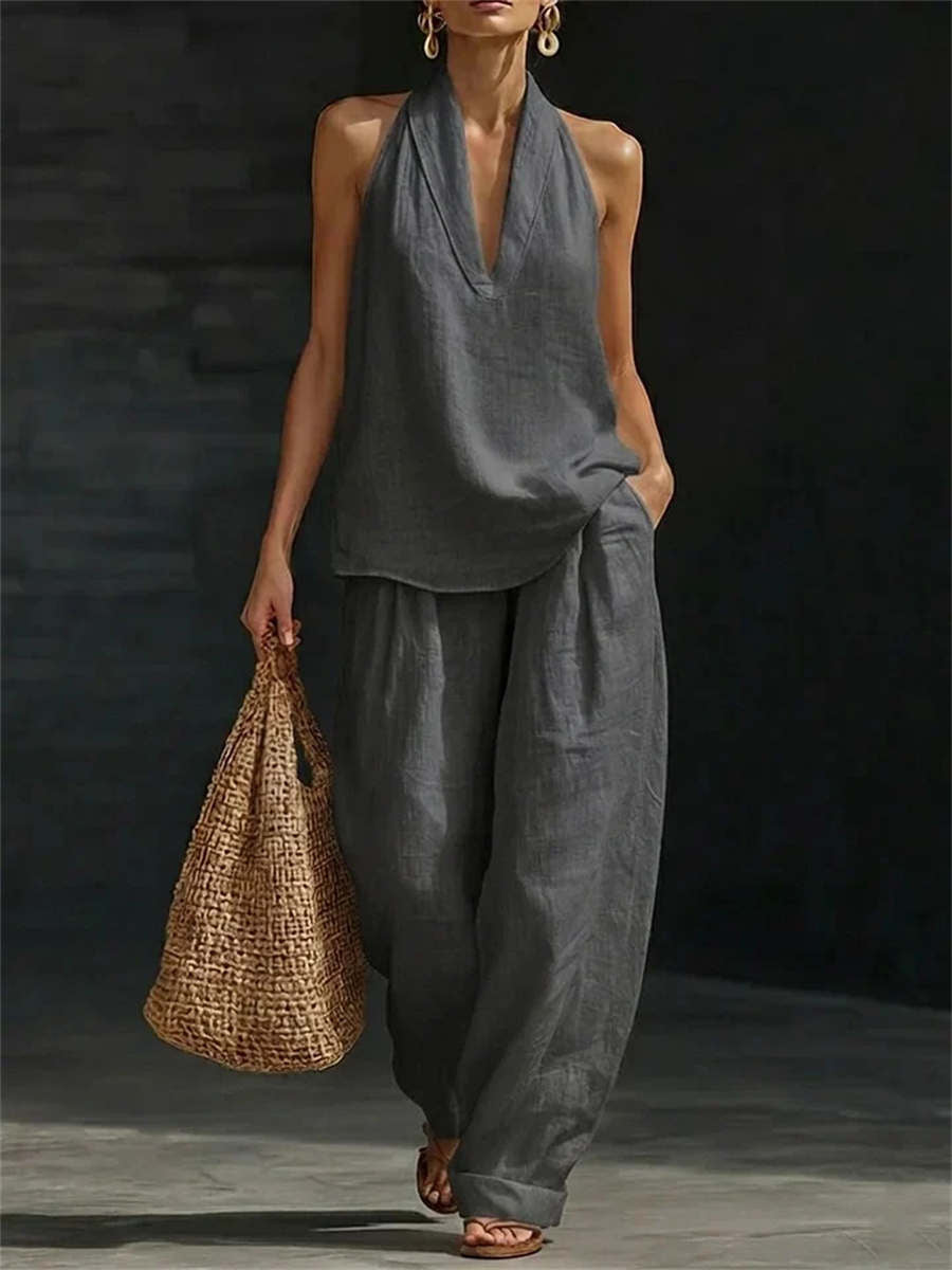 Women's Sleeveless Deep V Neck Halter Top & Wide Leg Pants Set
