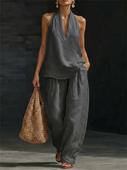Women's Sleeveless Deep V Neck Halter Top & Wide Leg Pants Set
